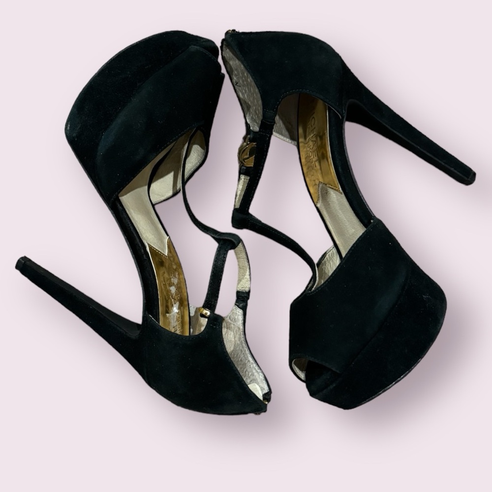MICHAEL Michael Kors Black Suede Platform T-Strap Heels - Size 7
